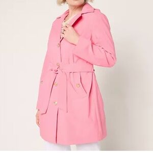 Dennis Basso Water Resistant Trench Coat Detachable Hood Belt Pink Large Petite